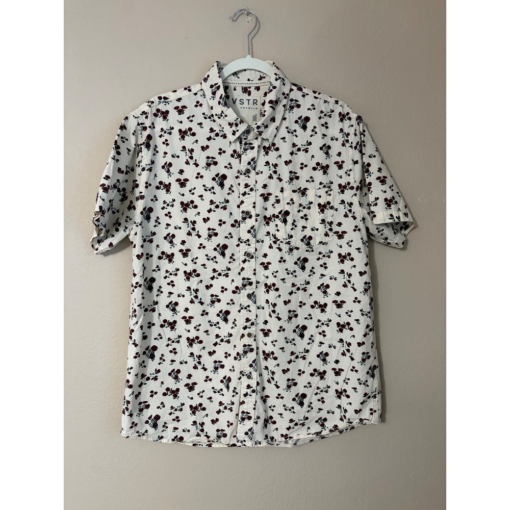 VSTR Premium Mens Large Floral Rose Print Short Sleeve Button Down Shirt Cream‎